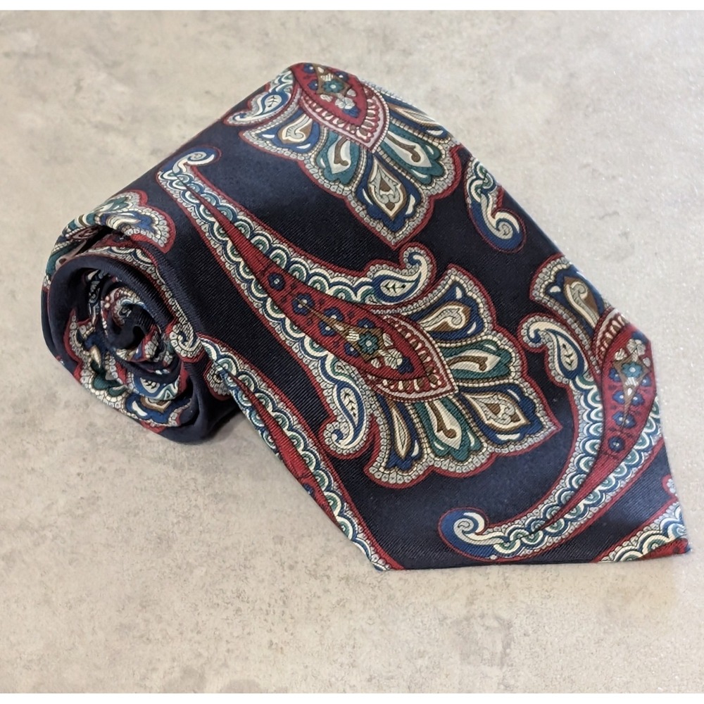 Vintage Savile Row 100% Italian Silk Navy Blue Paisley Tie